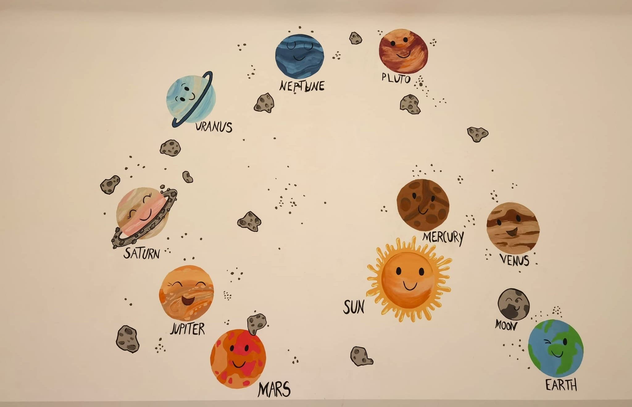 Pictură murală educativă pentru afterschool: sistemul solar pictat amuzant. Lucrare realizată de ARTRA Paintings